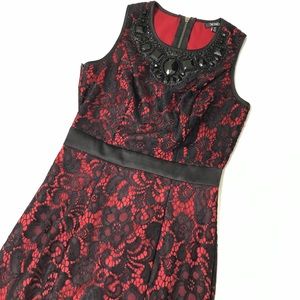 Red Dress With Black Lace Jewel Collared Dress